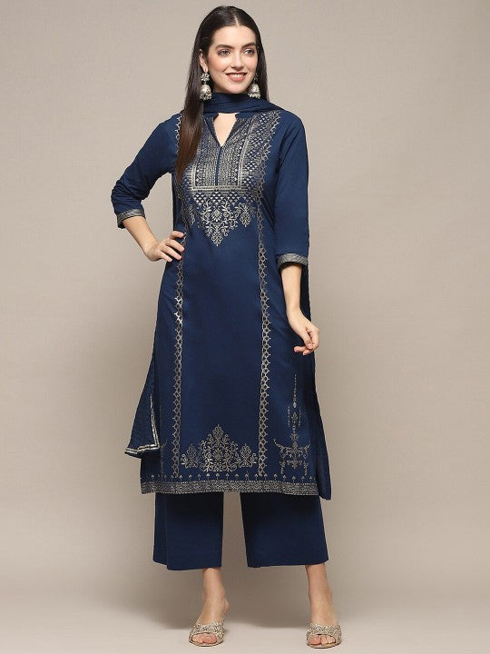 Biba Ethnic Motifs Printed Regular Kurta With Palazzos & Dupatta - Navy Blue