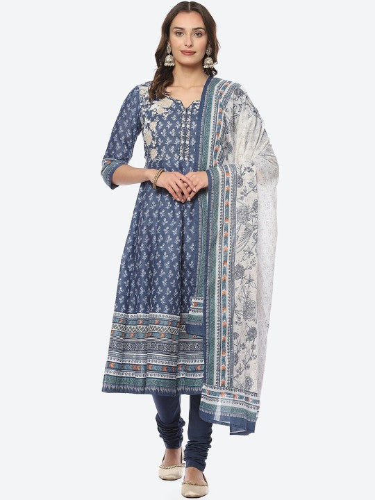 Biba Women Floral Printed Thread Work Kurta With Churidar & Dupatta