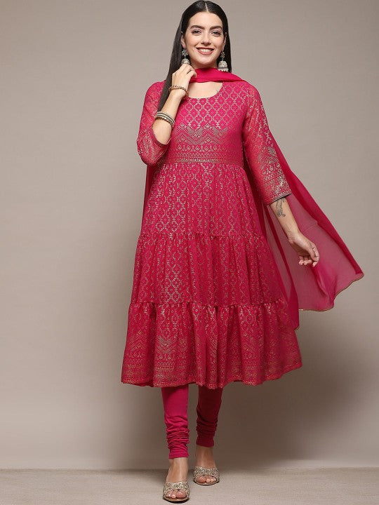 Biba Plus Size Ethnic Motifs Printed Tiered Anarkali Kurta & Leggings With Dupatta