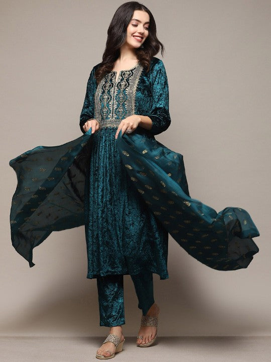 Biba Ethnic Motifs Yoke Design Thread Work Velvet A-Line Kurta with Trouser & Dupatta