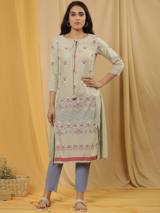 W Floral Printed Tie-Up Neck A-Line Kurta with Trouser