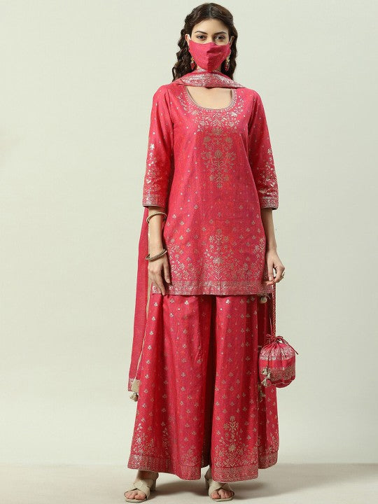 Biba Ethnic Motifs Printed Kurta with Palazzos & Dupatta - Fuchsia