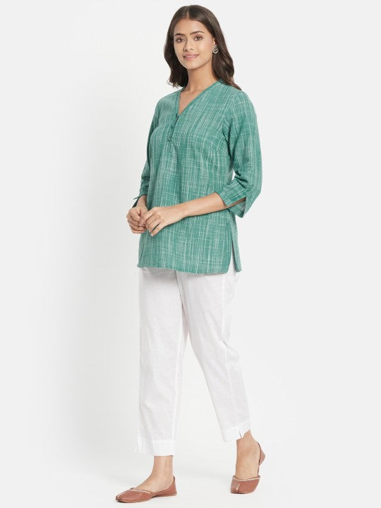 Fabindia FabBasic Green & White Striped V-Neck Pure Cotton Kurti