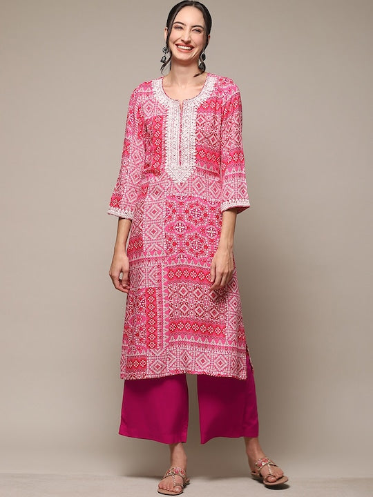 Biba Ethnic Motifs Printed Thread Work Kurta - Fuchsia