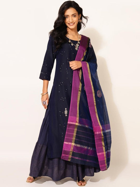 Fabindia Ethnic Motifs Embroidered Kurta With Dupatta