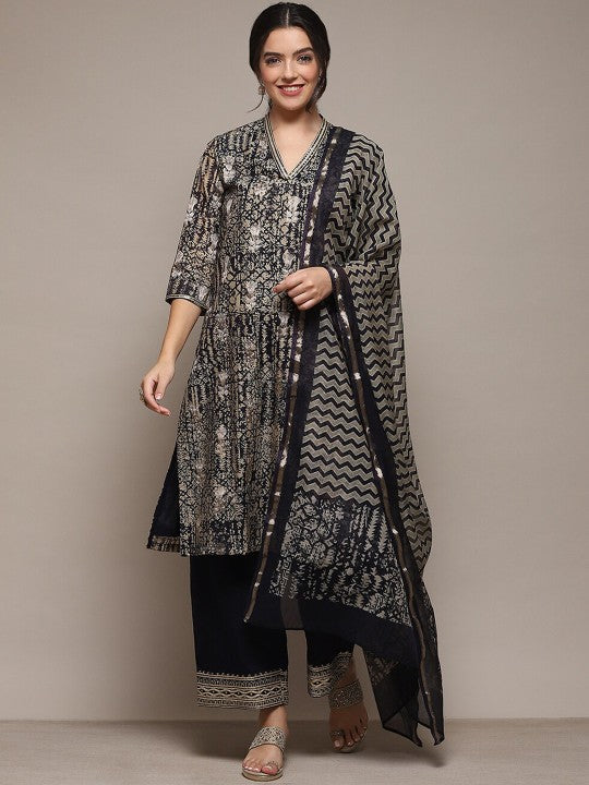 Biba Ethnic Plus Size Motifs Printed Straight Kurta With Palazzos & Dupatta