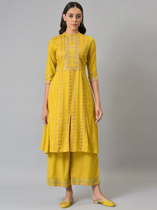 W Festive Geometric Print Rayon Kurta With Parallel Pant