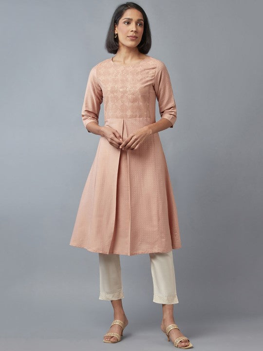 W Women Pink Yoke Design Embellished Pleated Kurta