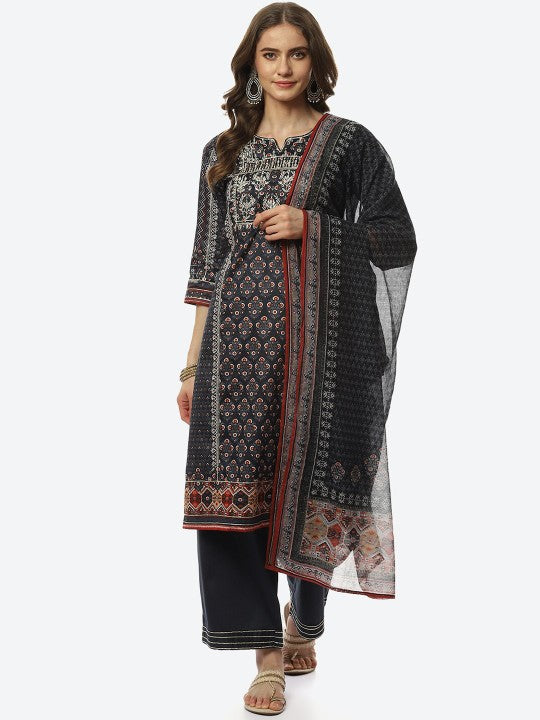 Biba Women Printed Thread Work Kurta with Palazzos & With Dupatta