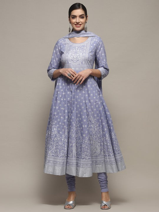 Biba Floral Printed Round Neck Pure Cotton Anarkali Kurta with Churidar & With Dupatta