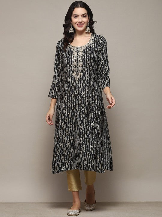 Biba Ethnic Motifs Printed Straight Kurta - Black