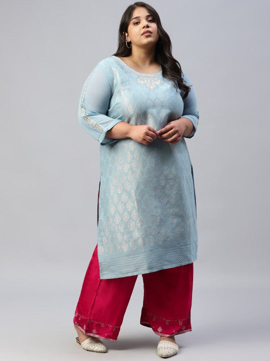 W Women Blue Ethnic Motifs Woven Design Kurta