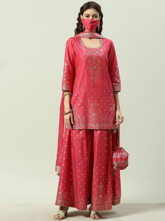 Biba Ethnic Motifs Printed Regular Kurta with Sharara & With Dupatta & Mask