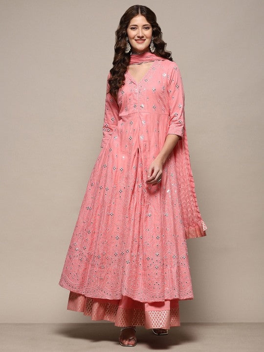 Biba Floral Embroidered Thread Work Pure Cotton Straight Kurta With Skirt & Dupatta