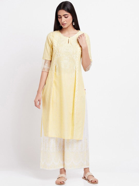 W Ethnic Motifs Printed Regular Sequinned Pure Cotton Kurta with Palazzos