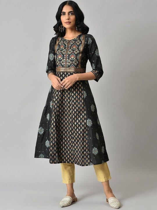 W Women Black Printed Kurta