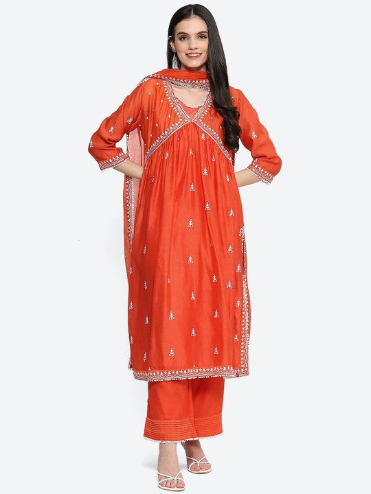 Biba Ethnic Motifs Embroidered Sequined A-Line Kurta with Palazzos & Dupatta