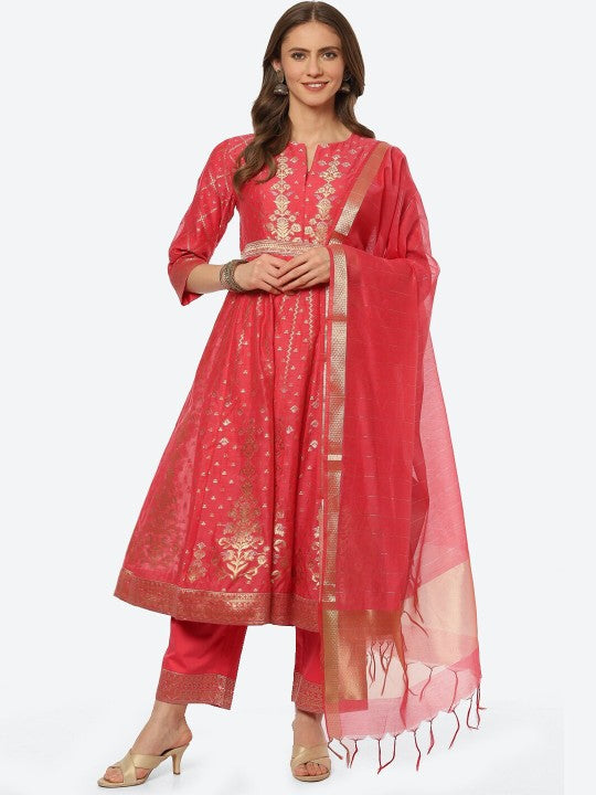 Biba Women Fuchsia Floral Empire Kurta with Trousers & With Dupatta