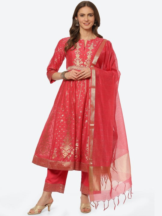 Biba Women Red & Gold Woven Design A-Line Kurta with Trousers & With Dupatta