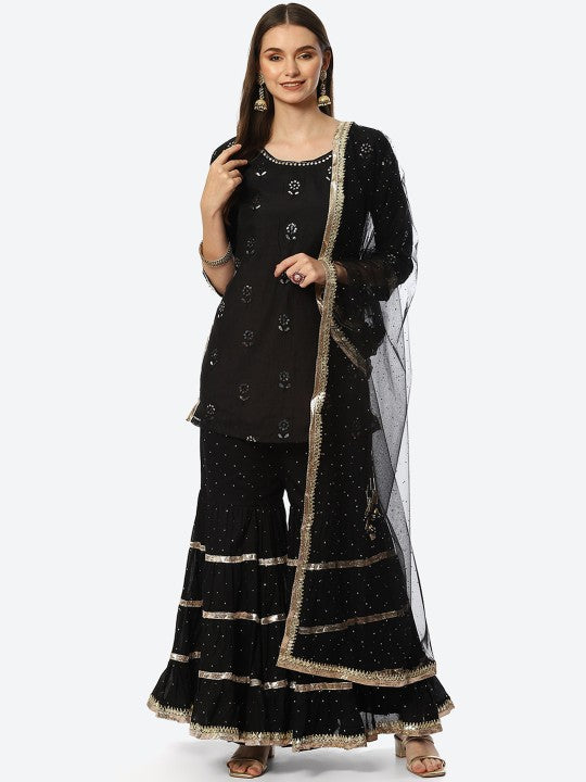 Biba Women Black Floral Embroidered Mirror Work Chanderi Silk Kurta with Sharara & With Dupatta