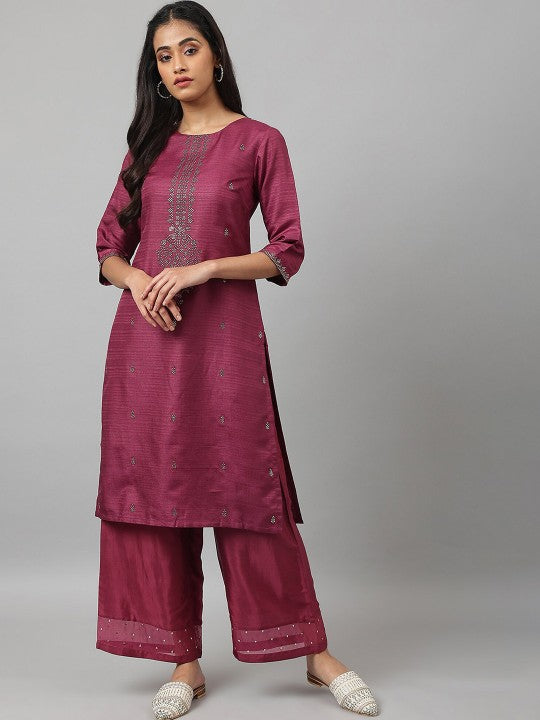 W Women Purple Yoke Design Embellished Kurta