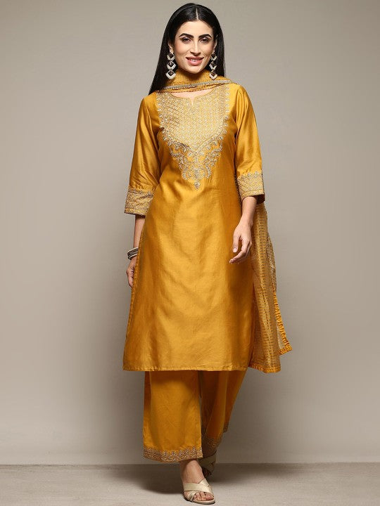 Biba Round Neck Yoke Design Thread Work Chanderi Silk Kurta With Palazzos & Dupatta