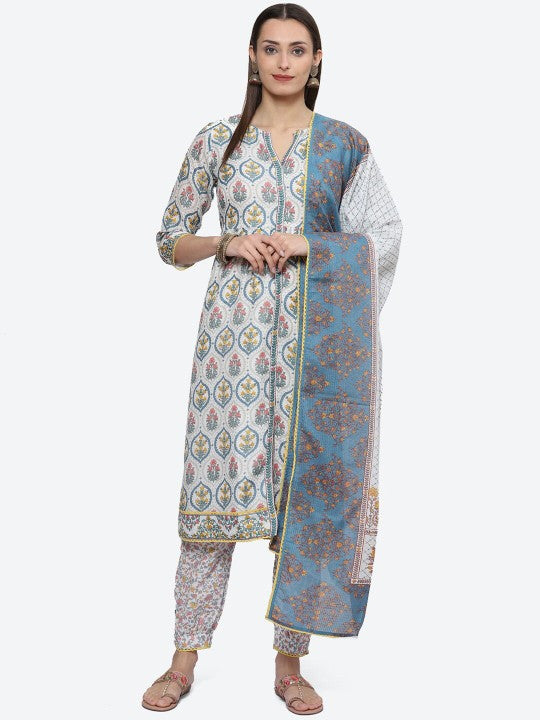 Biba Floral Printed A-Line Kurta with Salwar & Dupatta - White & Turquoise Blue