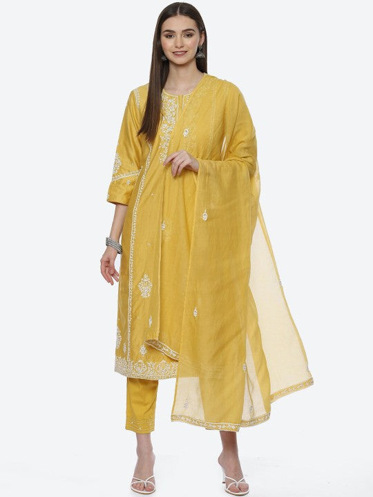 Biba Women Yellow Ethnic Motifs Embroidered Thread Work Chanderi Silk Kurta with Trousers & With Dupatta