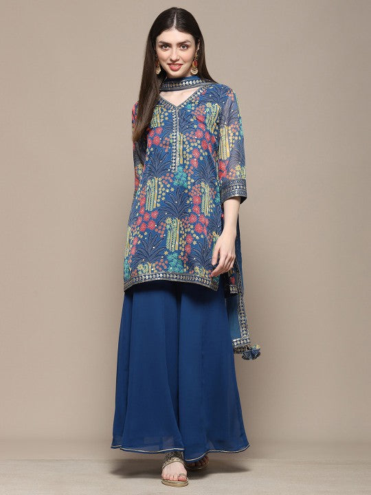 Biba Floral Printed Regular Thread Work Kurta with Sharara & Dupatta