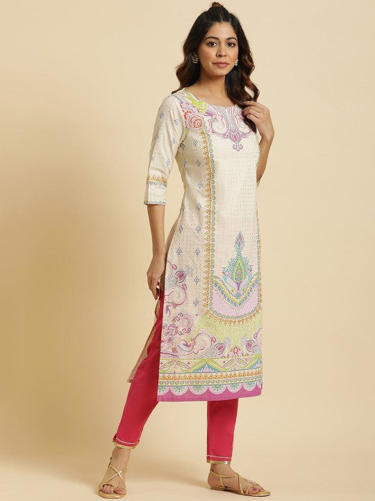 W Women Ethnic Motifs Printed Straight Pure Cotton Kurta
