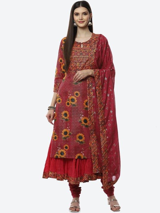 Biba Women Pink Floral Printed Layered Kurta with Churidar & With Dupatta