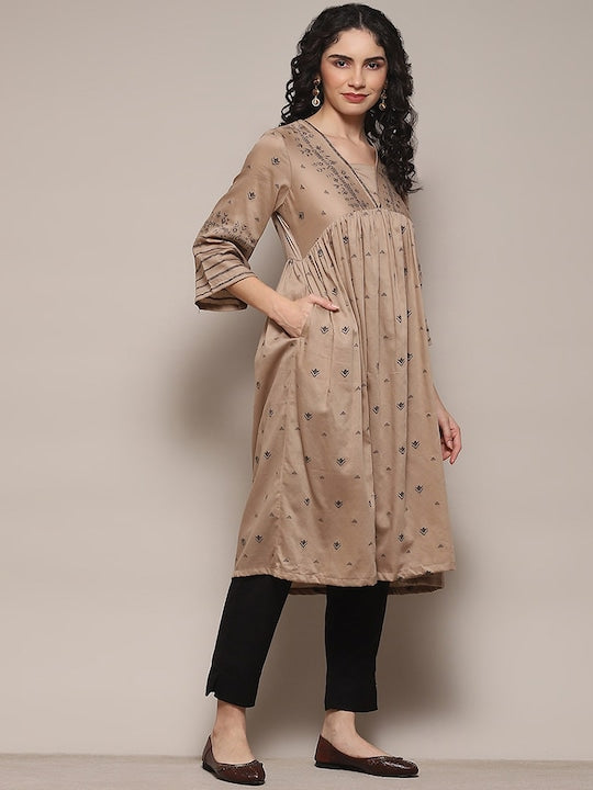 Biba Ethnic Motifs Woven Design V-Neck Empire Anarkali Cotton Kurta