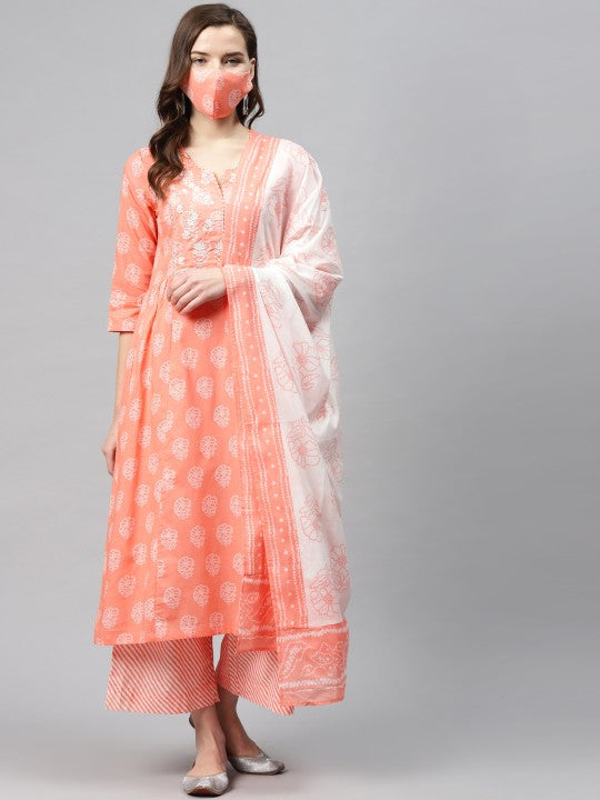 Biba Women Peach-Coloured & White Pure Cotton Bandhani Print Kurta Palazzos & Dupatta