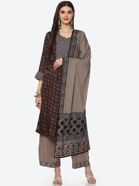 Biba Women Plus Size Black Ethnic Motifs Printed Kurta with Palazzos & With Dupatta