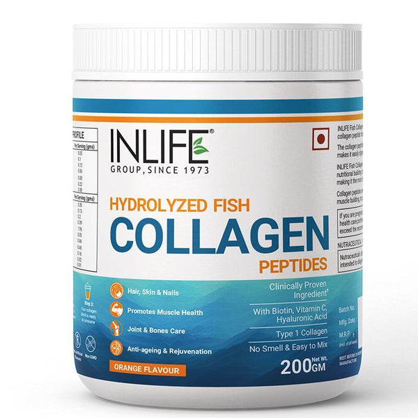 Inlife Hydrolyzed Marine Fish Collagen Peptides Powder - Orange - 200 gms