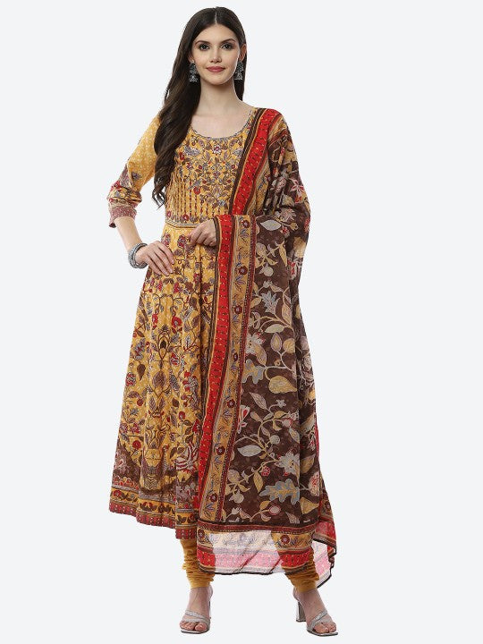 Biba Women Yellow Floral Printed Panelled Kurta with Churidar & With Dupatta