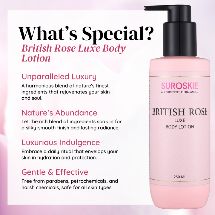 Suroskie British Rose Body Lotion with Shea and Cocoa Butter Lotion - Hydration for 24 Hrs, Deep Nourishment, Lightweight & Fast-Absorbing, Suitable for Both (250ml)