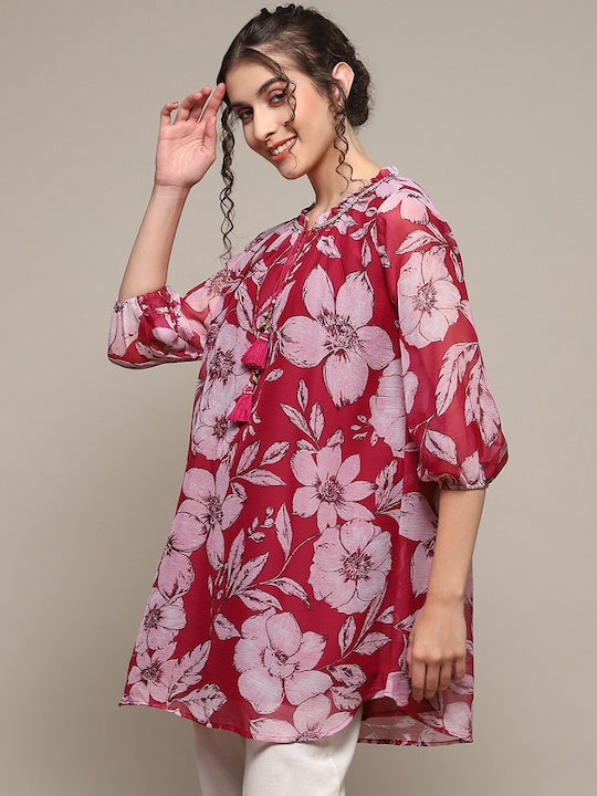 Biba Women Red Printed Flared Sleeves Sequinned Kurta