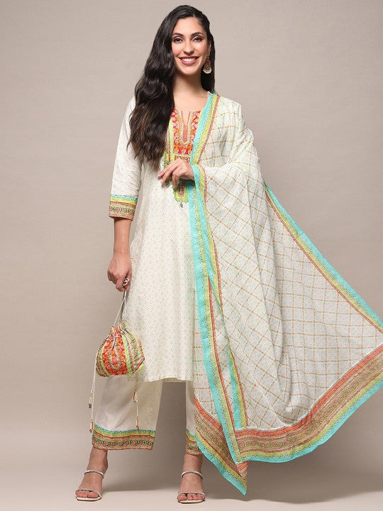 Biba Ethnic Motifs Printed Pure Cotton Kurta with Palazzos & Dupatta