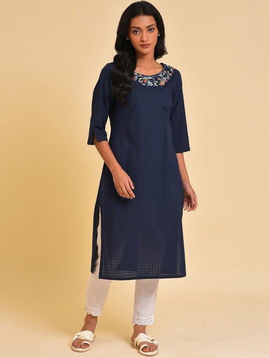 W Checked Thread Work Straight Kurta