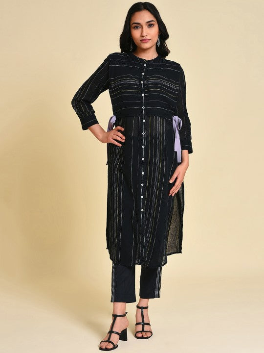 W Mandarin Collar Semi Sheer Thread Work Straight Cotton Kurta