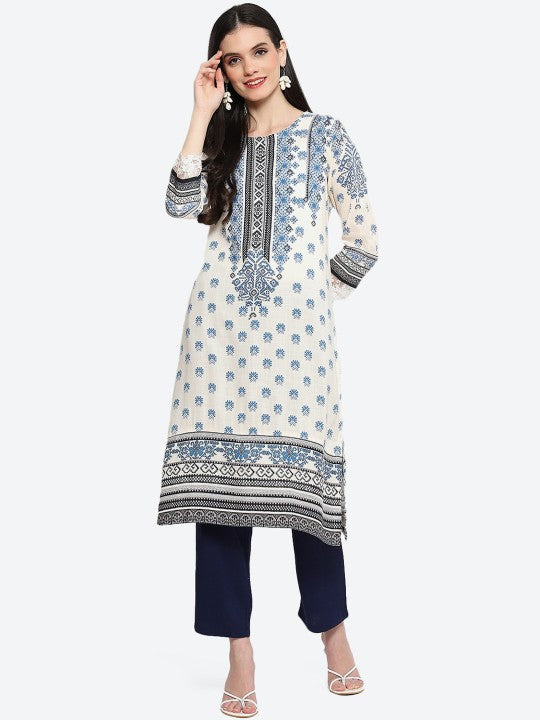 Biba Ethnic Motifs Printed Thread Work Kurta - White & Blue