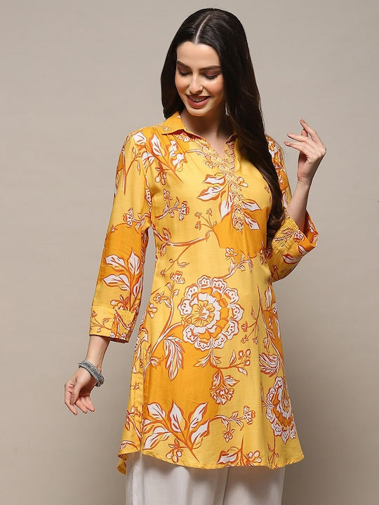 Biba Floral Printed Shirt Collar A-Line Kurti - Yellow