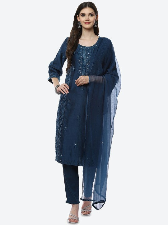 Biba Women Blue Kurta with Churidar & With Dupatta