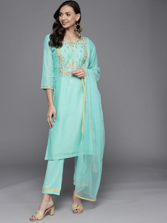 Biba Women Turquoise Blue Floral Yoke Design Sequinned Kurta with Trousers & Dupatta