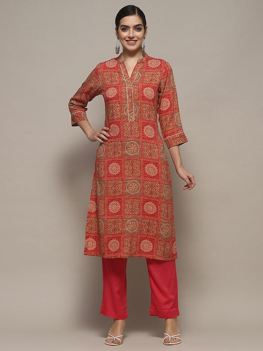 Biba Ethnic Motifs Printed Mandarin Collar Regular Sleeves Straight Casual Kurta