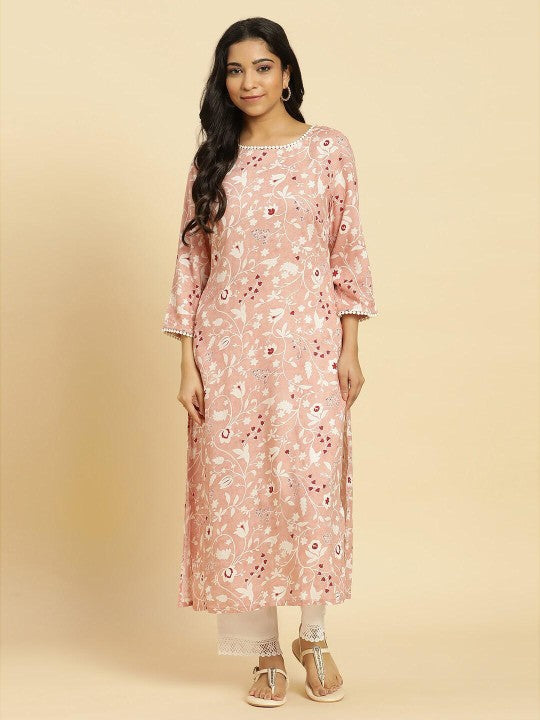 W Floral Printed Straight Kurta - Pink