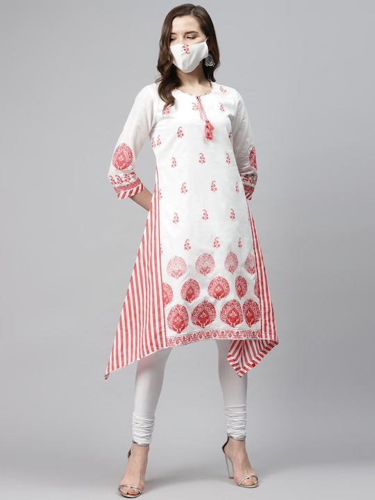 Biba Women White Pink Printed Pure Cotton A-Line Asymmetric Kurta