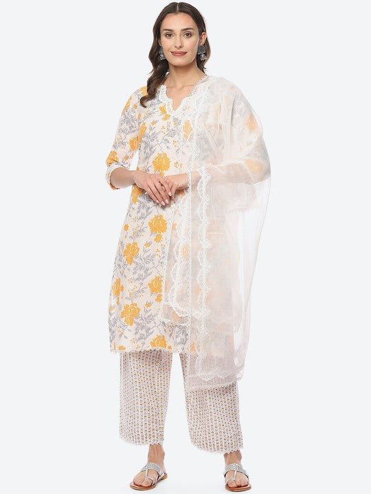 Biba Women Floral Printed V Neck Kurta with Palazzos & Dupatta