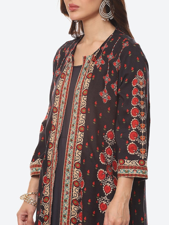 Biba Women Charcoal Solid Anarkali Kurta With Jacket